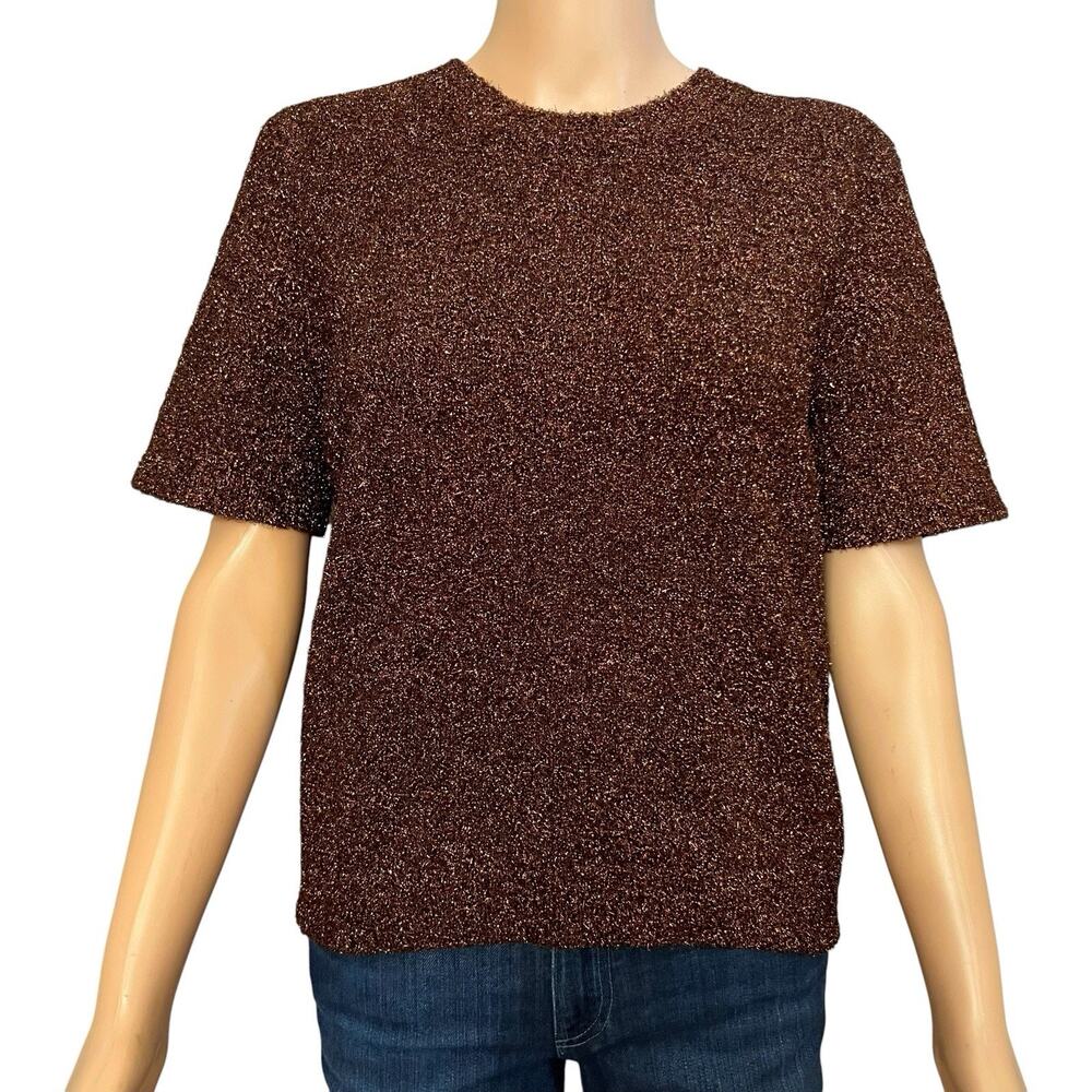 Lela Rose Tinsel Knit Sweater Medium Short Sleeve Metallic Shiny Fall Holiday
